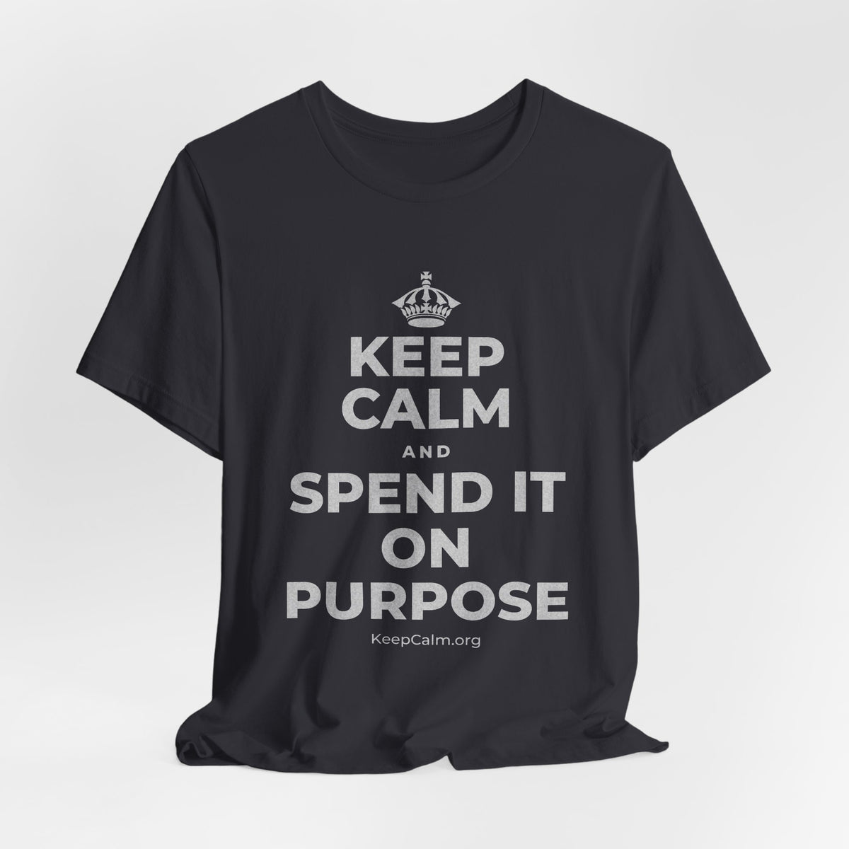 KEEP CALM AND SPEND IT ON PURPOSE T-Shirt (Baby Blue–Silver)