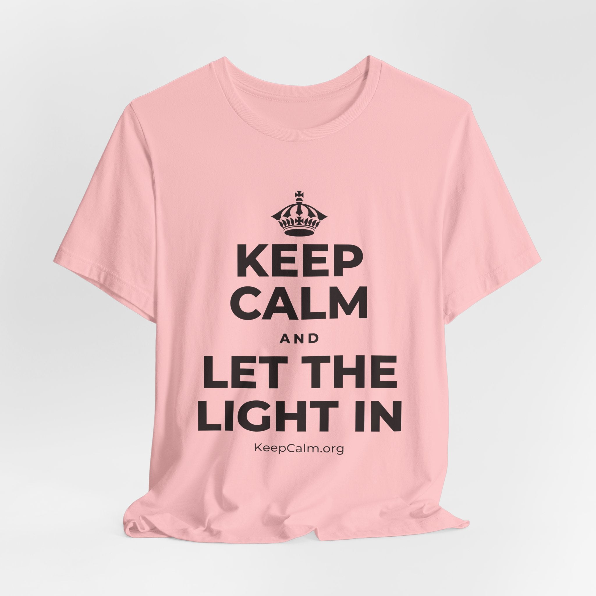 KEEP CALM AND LET THE LIGHT IN T-Shirt (White–Asphalt)