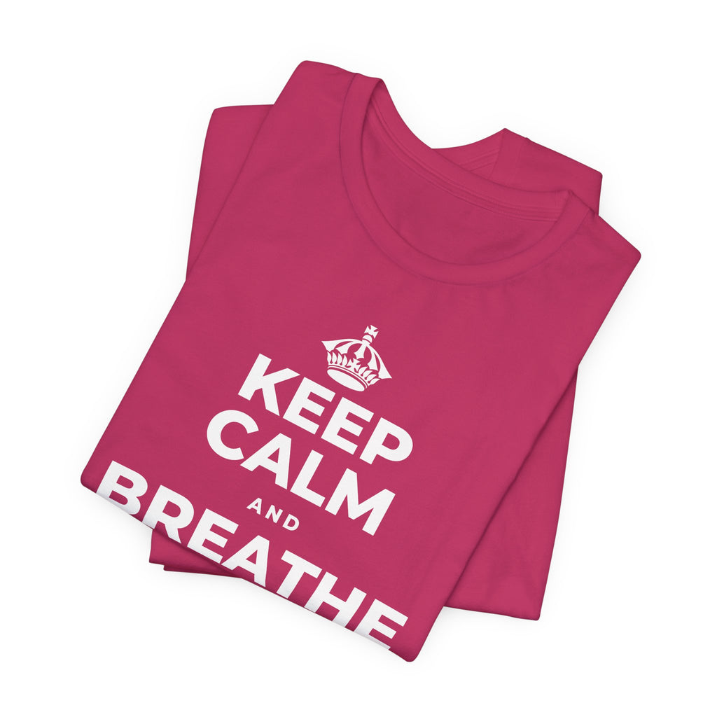 KEEP CALM AND BREATHE BEFORE YOU BEGIN T-Shirt (Baby Blue–Silver)