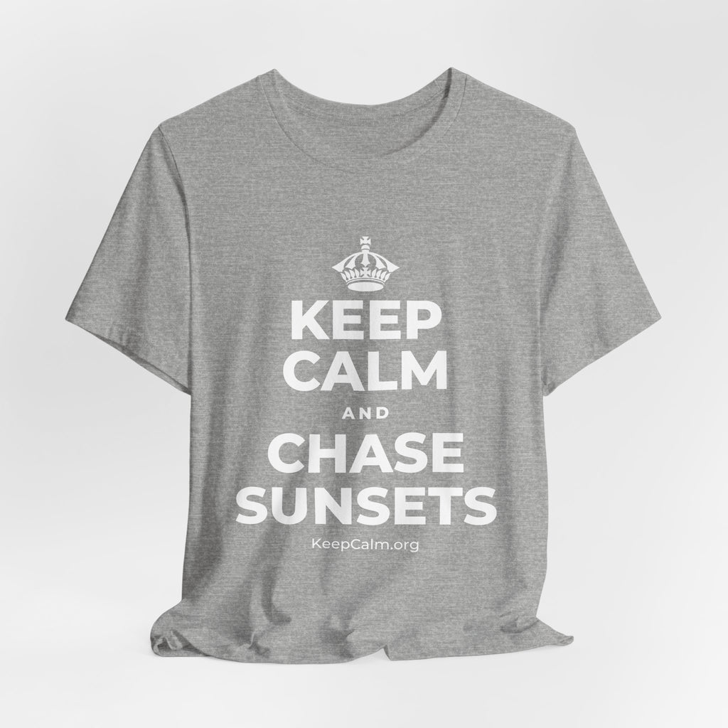 KEEP CALM AND CHASE SUNSETS T-Shirt (White–Asphalt)