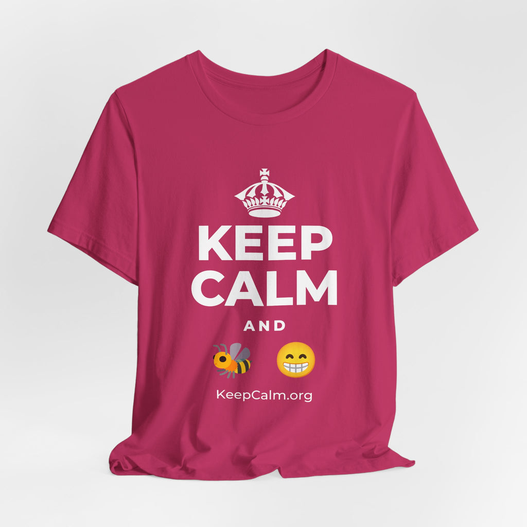 KEEP CALM AND BEE HAPPY T-Shirt (Baby Blue–Silver)