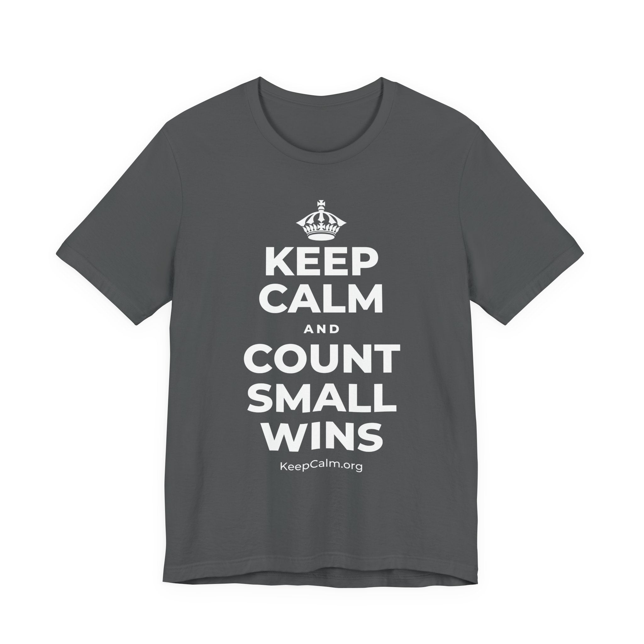 KEEP CALM AND COUNT SMALL WINS T-Shirt (White–Asphalt)