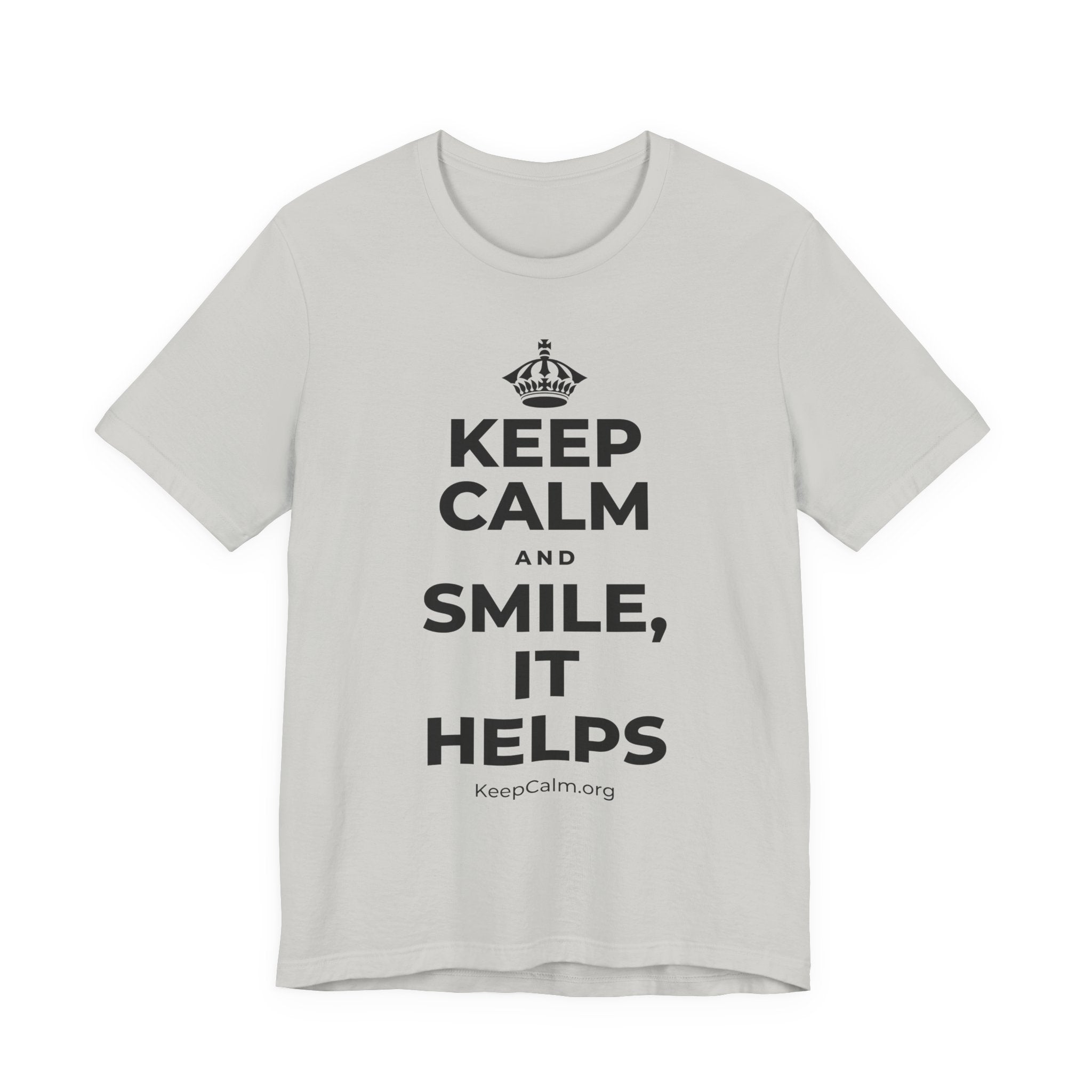 KEEP CALM AND SMILE, IT HELPS T-Shirt (Baby Blue–Silver)