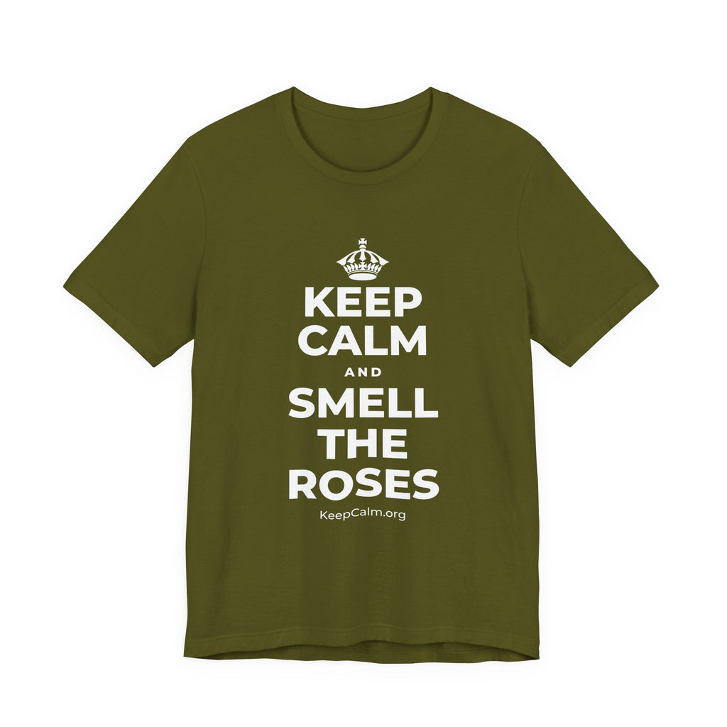 KEEP CALM AND SMELL THE ROSES T-Shirt (Baby Blue–Silver)