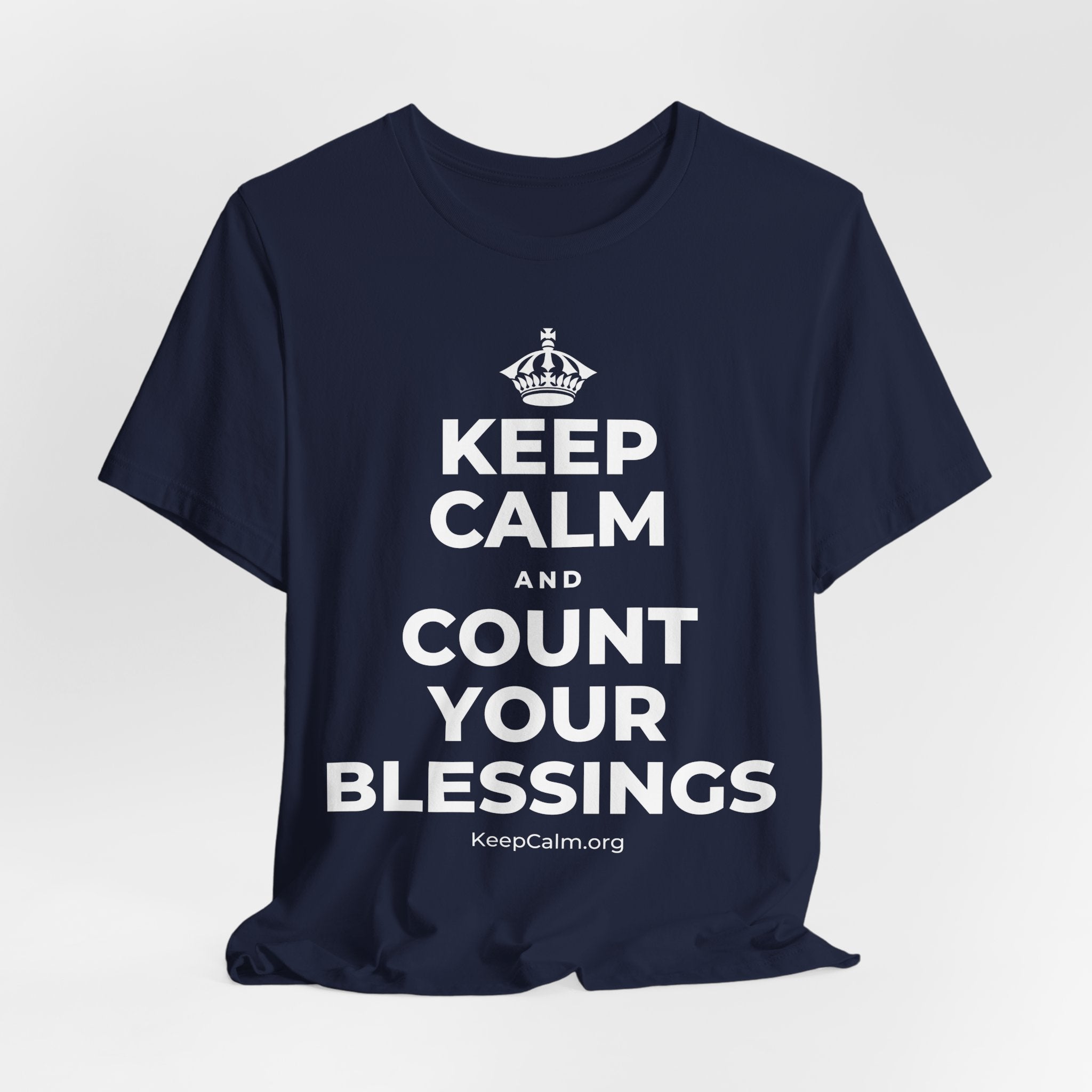 KEEP CALM AND COUNT YOUR BLESSINGS T-Shirt (White–Asphalt)