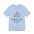 KEEP CALM AND BREATHE EASY T-Shirt (Baby Blue–Orange)