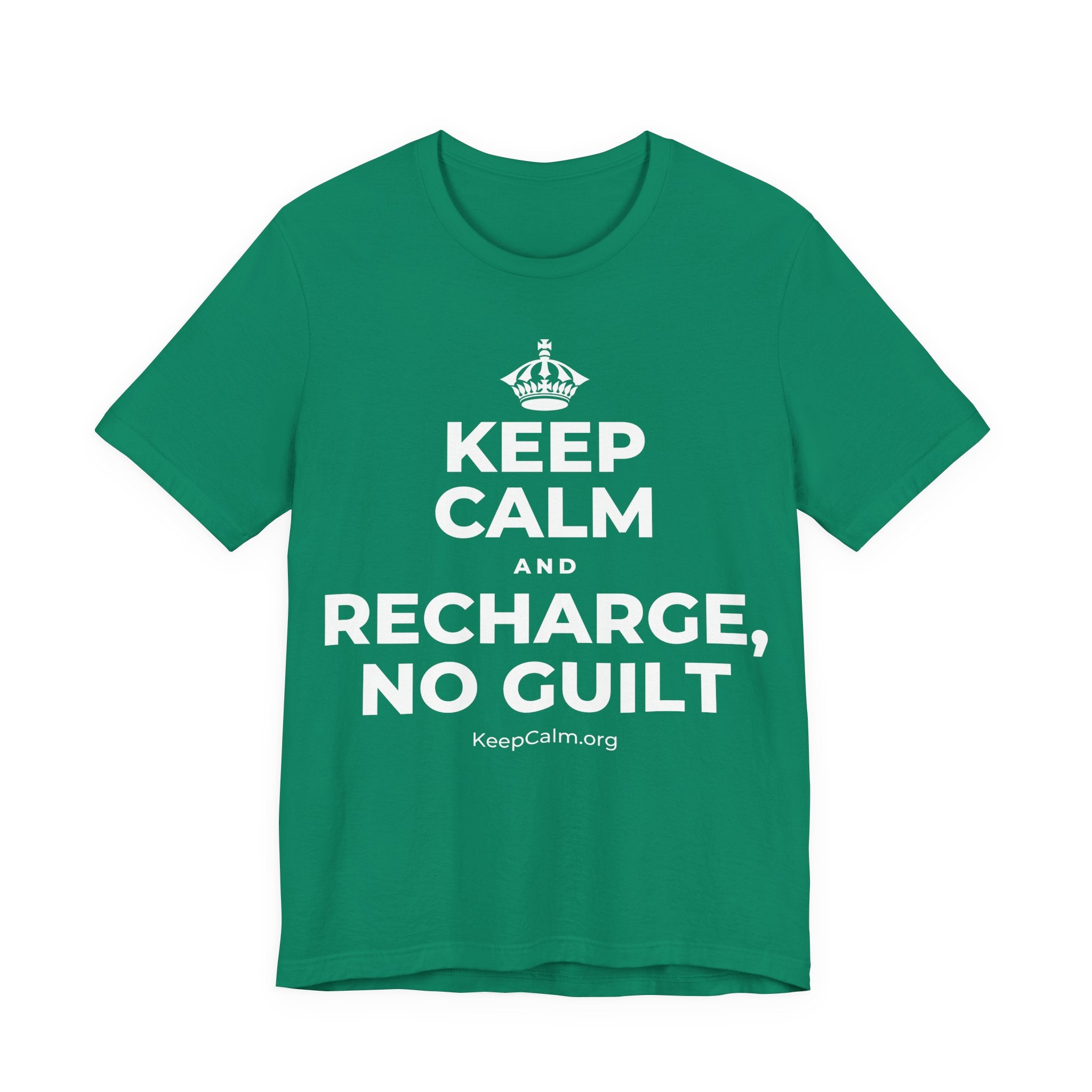 KEEP CALM AND RECHARGE, NO GUILT T-Shirt (White–Asphalt)