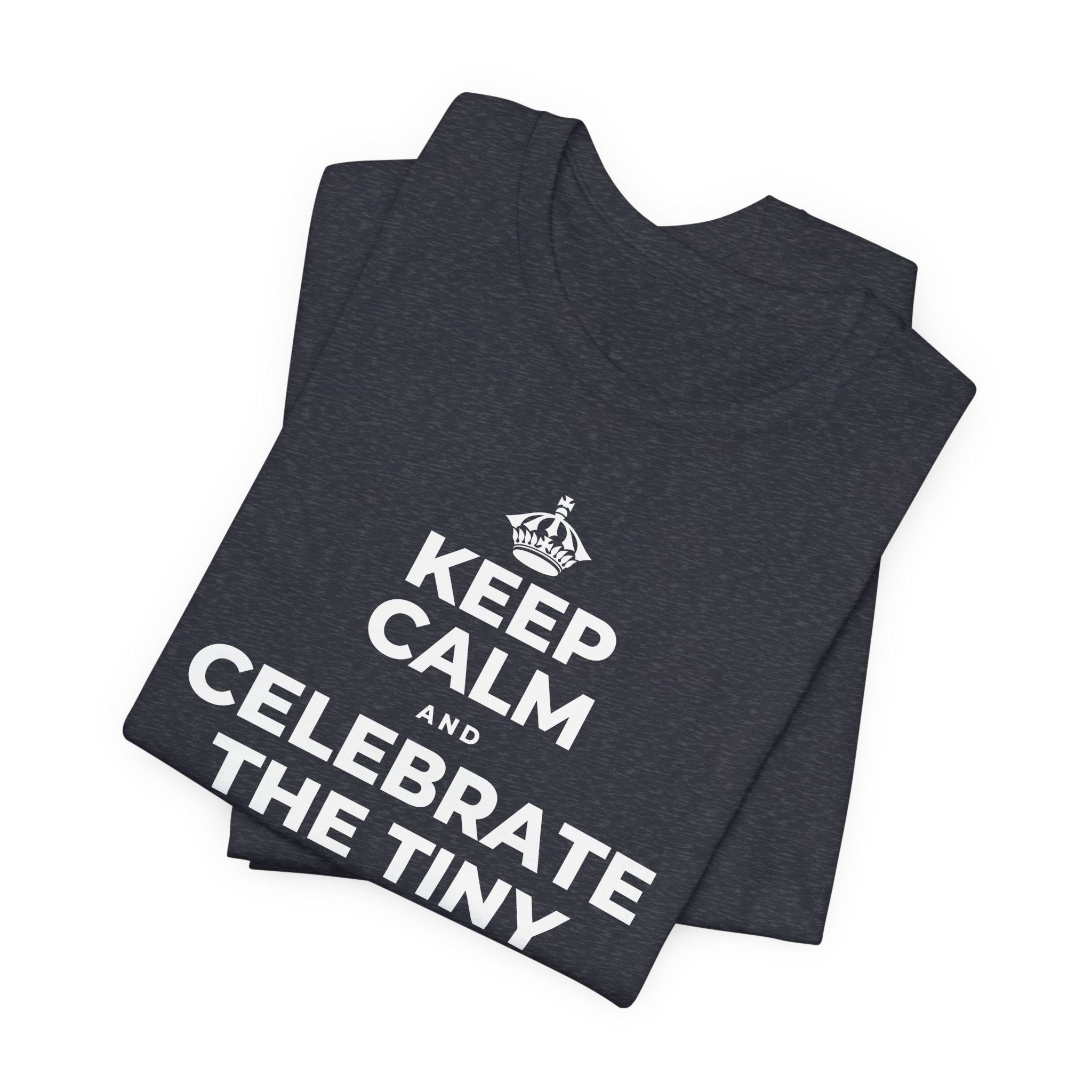 KEEP CALM AND CELEBRATE THE TINY VICTORIES EVERY SINGLE DAY T-Shirt (White–Asphalt)