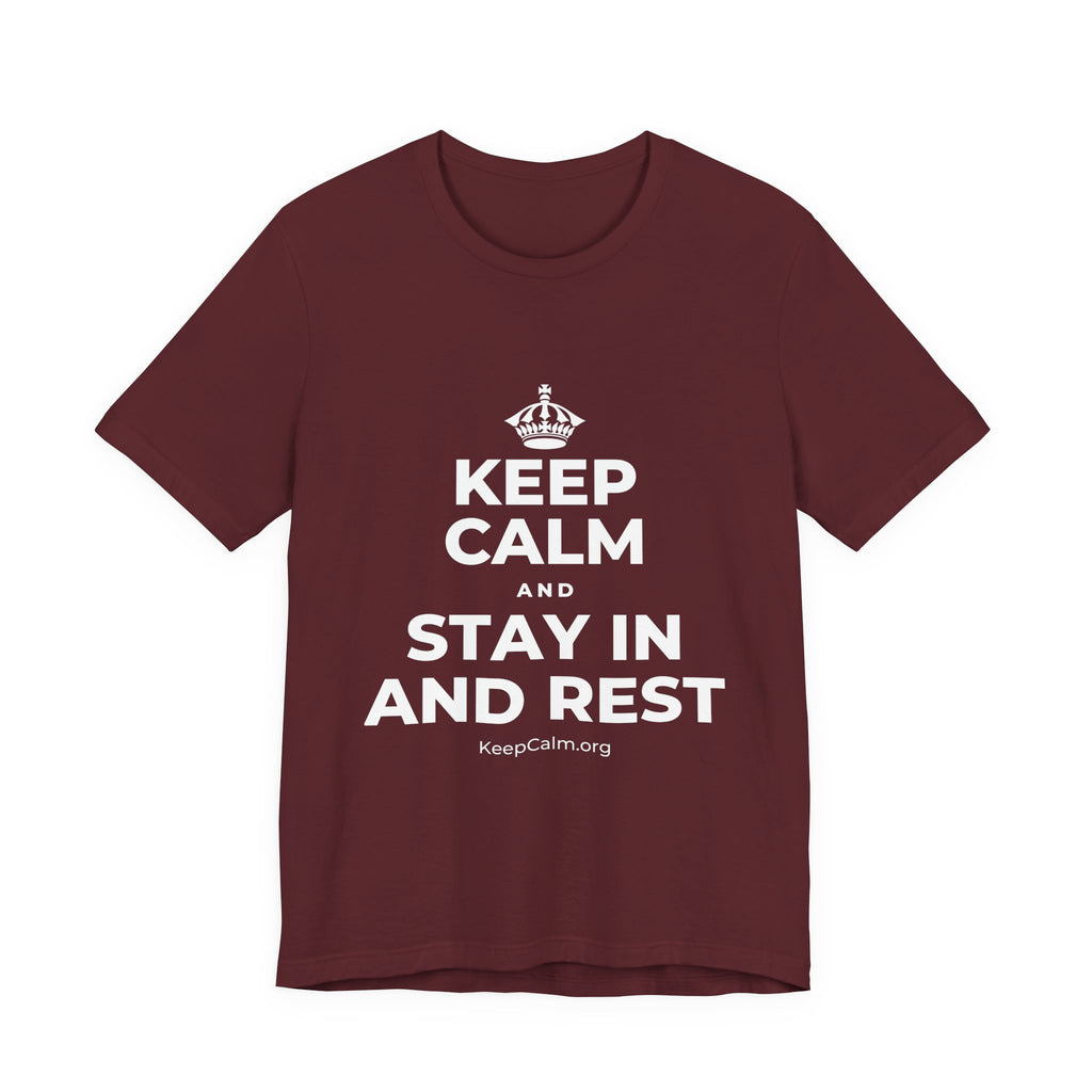 KEEP CALM AND STAY IN AND REST T-Shirt (Baby Blue–Silver)