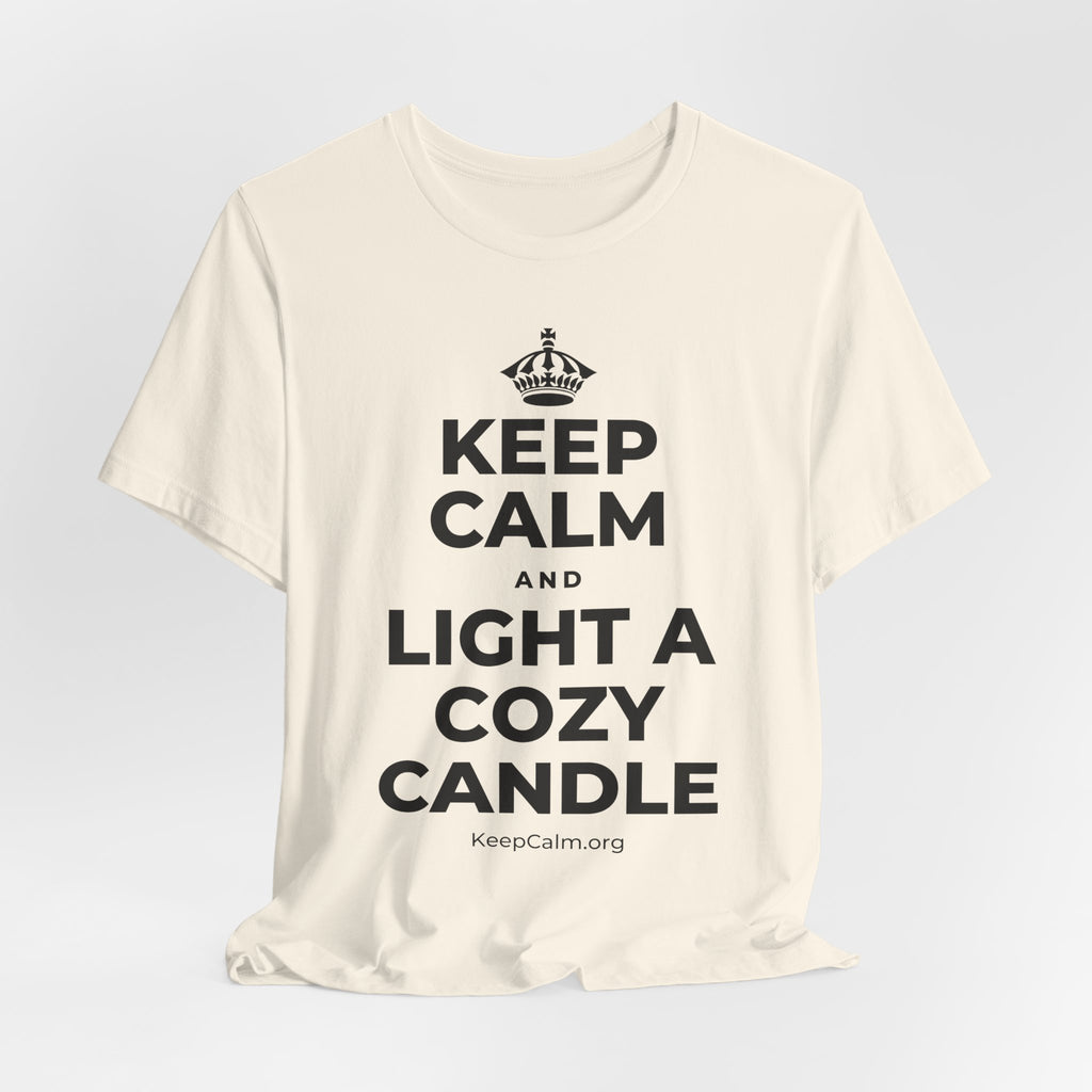 KEEP CALM AND LIGHT A COZY CANDLE T-Shirt (White–Asphalt)
