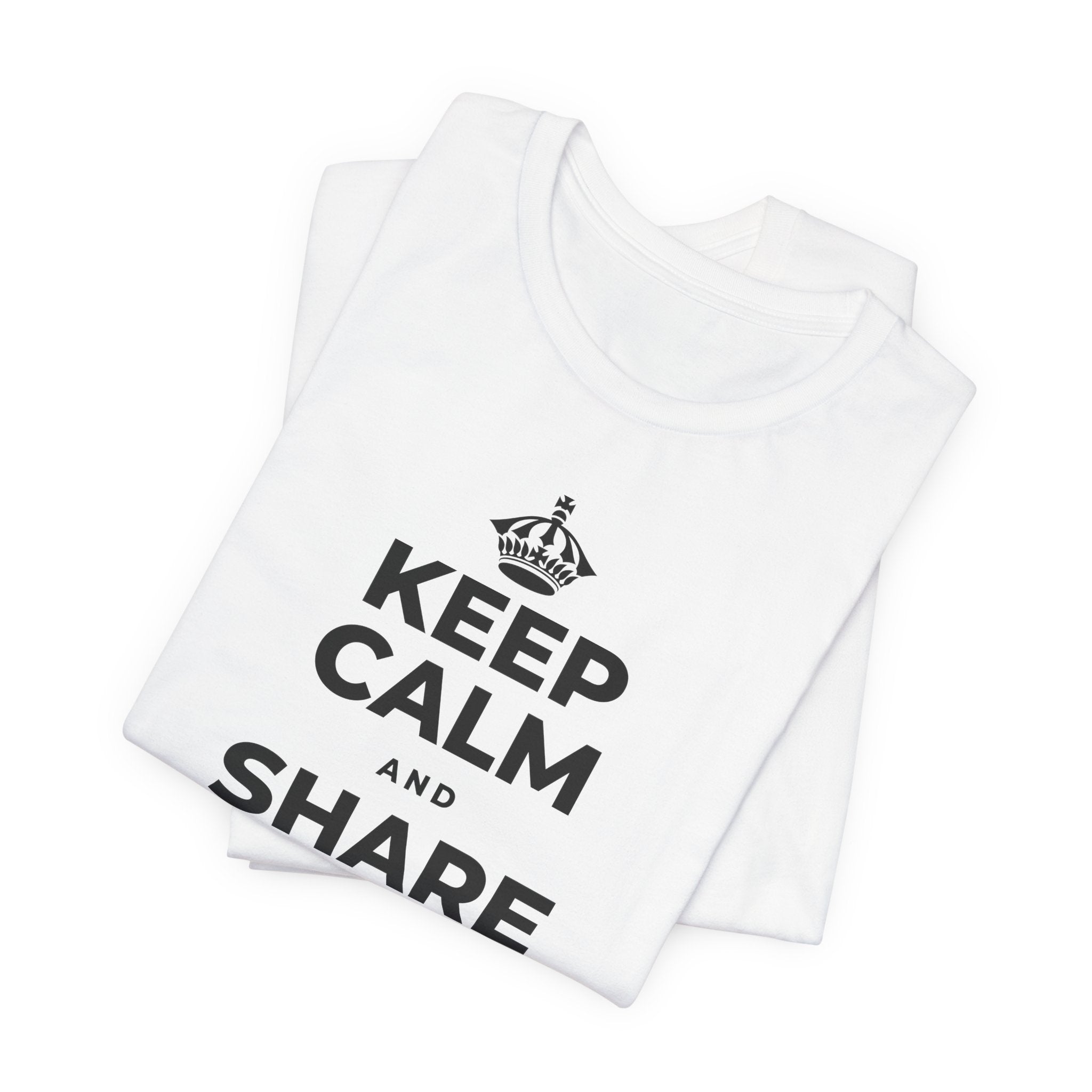 KEEP CALM AND SHARE THE GOOD NEWS T-Shirt (White–Asphalt)