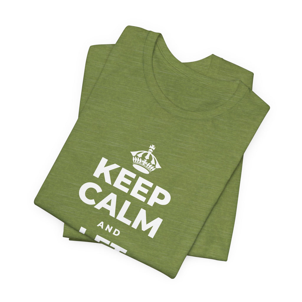 KEEP CALM AND LET PEOPLE IN T-Shirt (Baby Blue–Silver)