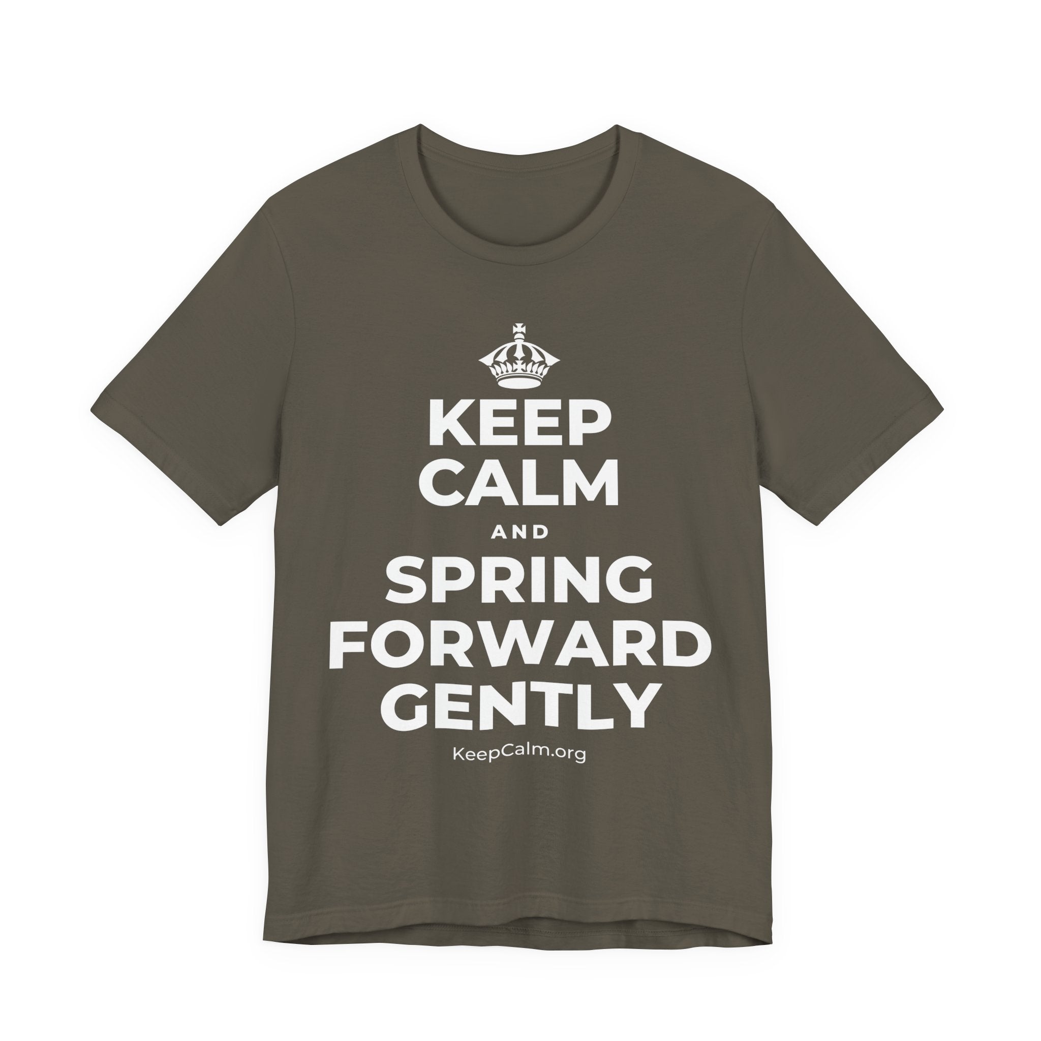 KEEP CALM AND SPRING FORWARD GENTLY T-Shirt (White–Asphalt)