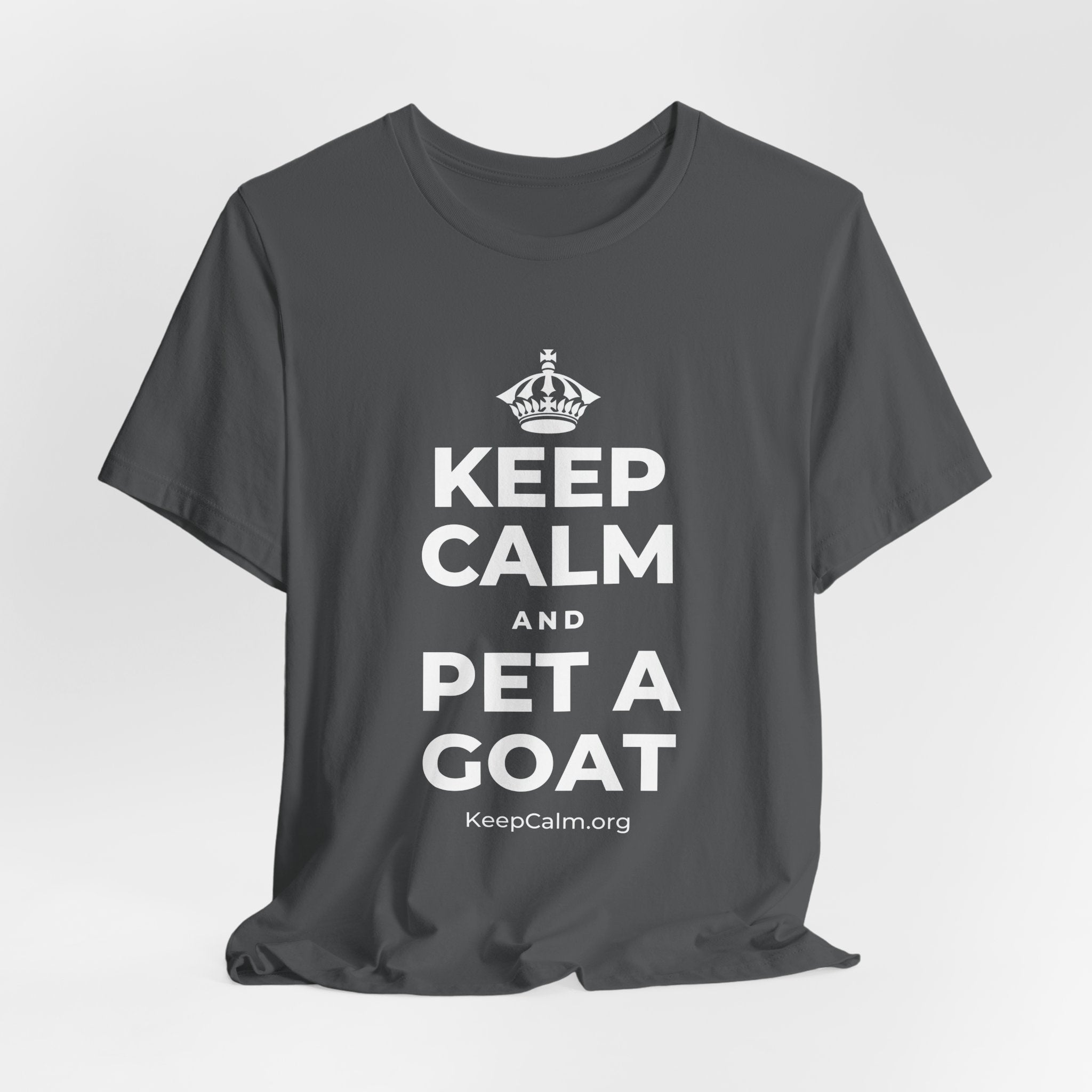 KEEP CALM AND PET A GOAT T-Shirt (White–Asphalt)