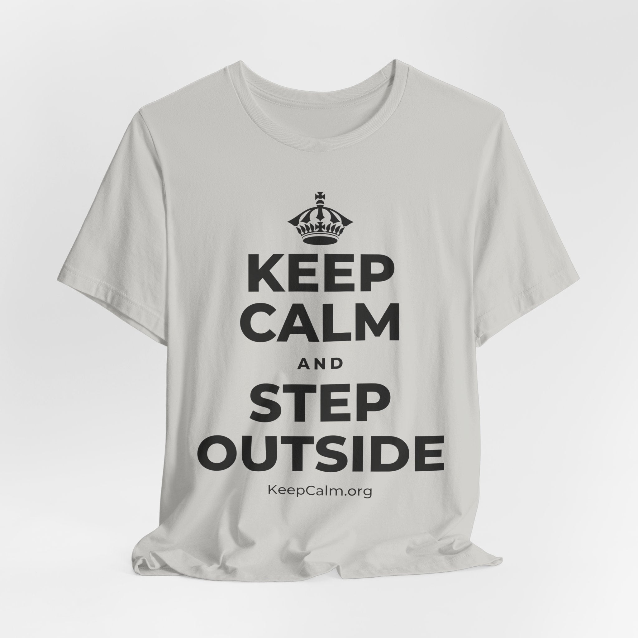 KEEP CALM AND STEP OUTSIDE T-Shirt (Baby Blue–Silver)