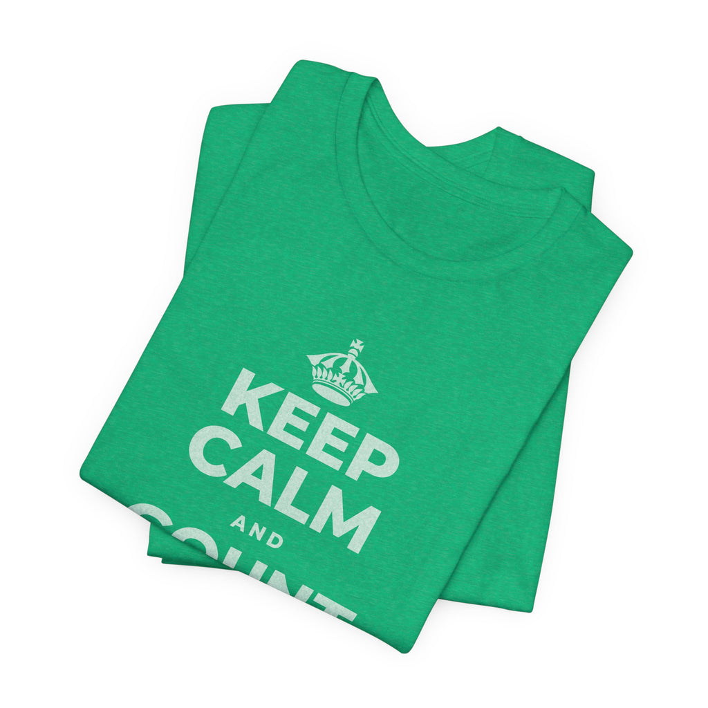KEEP CALM AND COUNT WHAT YOU HAVE T-Shirt (Baby Blue–Silver)