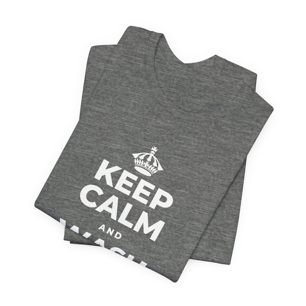 KEEP CALM AND WASH AWAY REGRETS T-Shirt (Baby Blue–Silver)