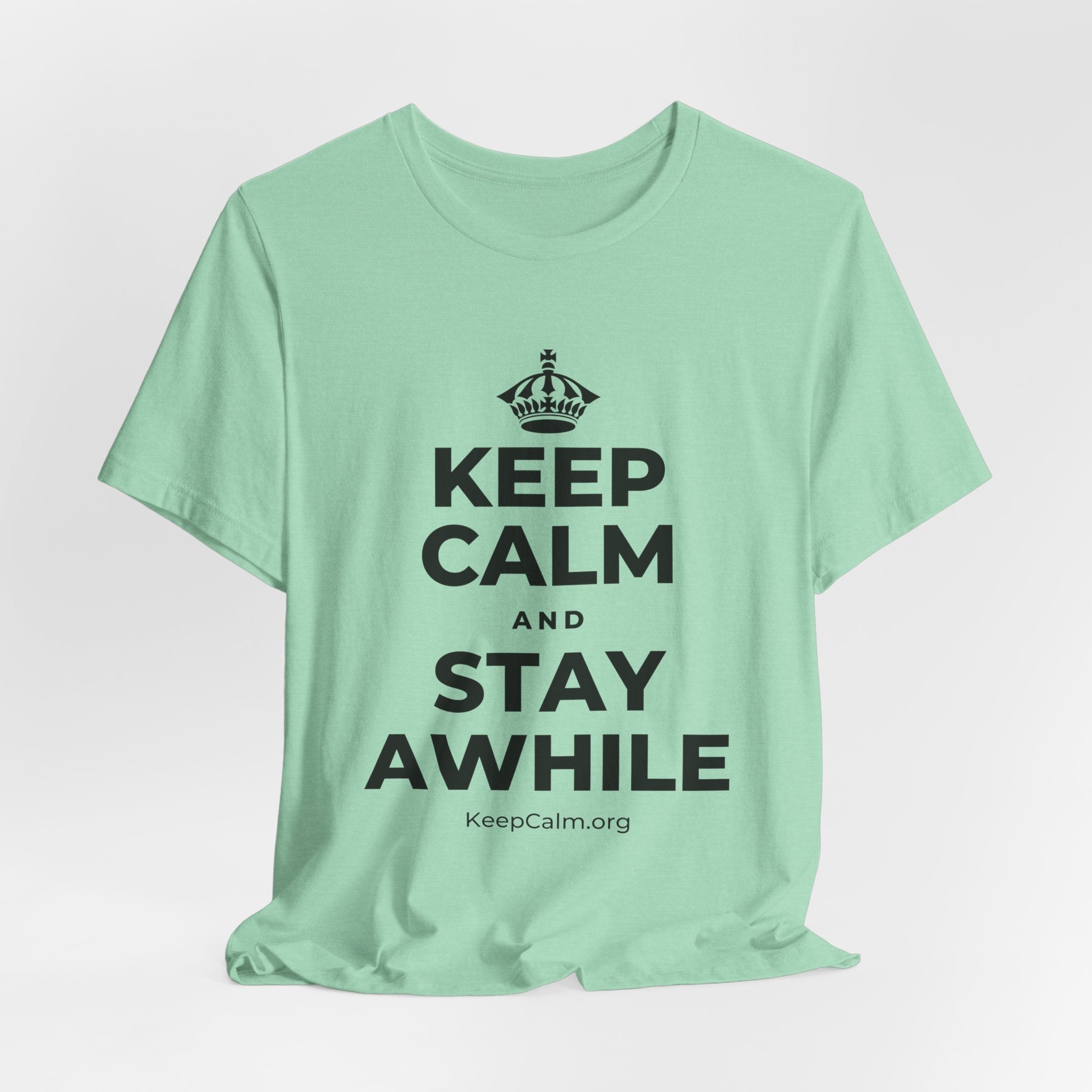 KEEP CALM AND STAY AWHILE T-Shirt (Baby Blue–Silver)