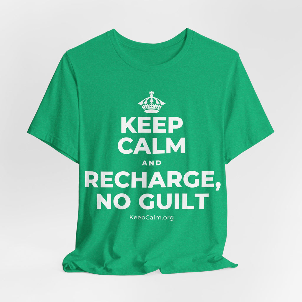 KEEP CALM AND RECHARGE, NO GUILT T-Shirt (Baby Blue–Silver)