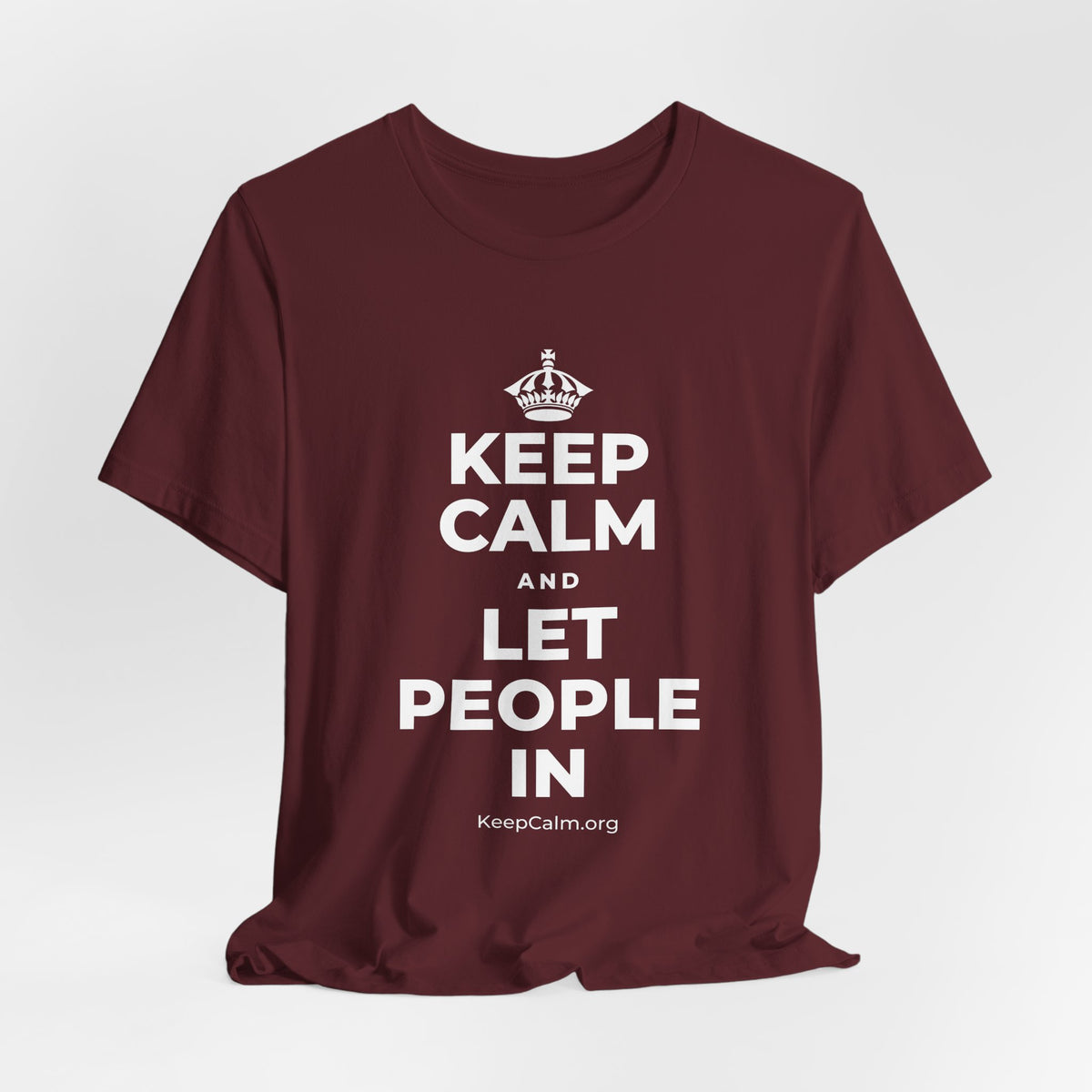 KEEP CALM AND LET PEOPLE IN T-Shirt (Baby Blue–Silver)