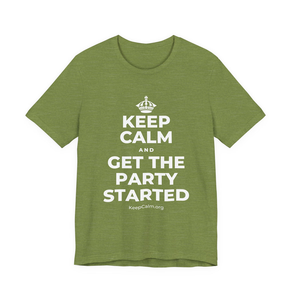 KEEP CALM AND GET THE PARTY STARTED T-Shirt (Baby Blue–Silver)