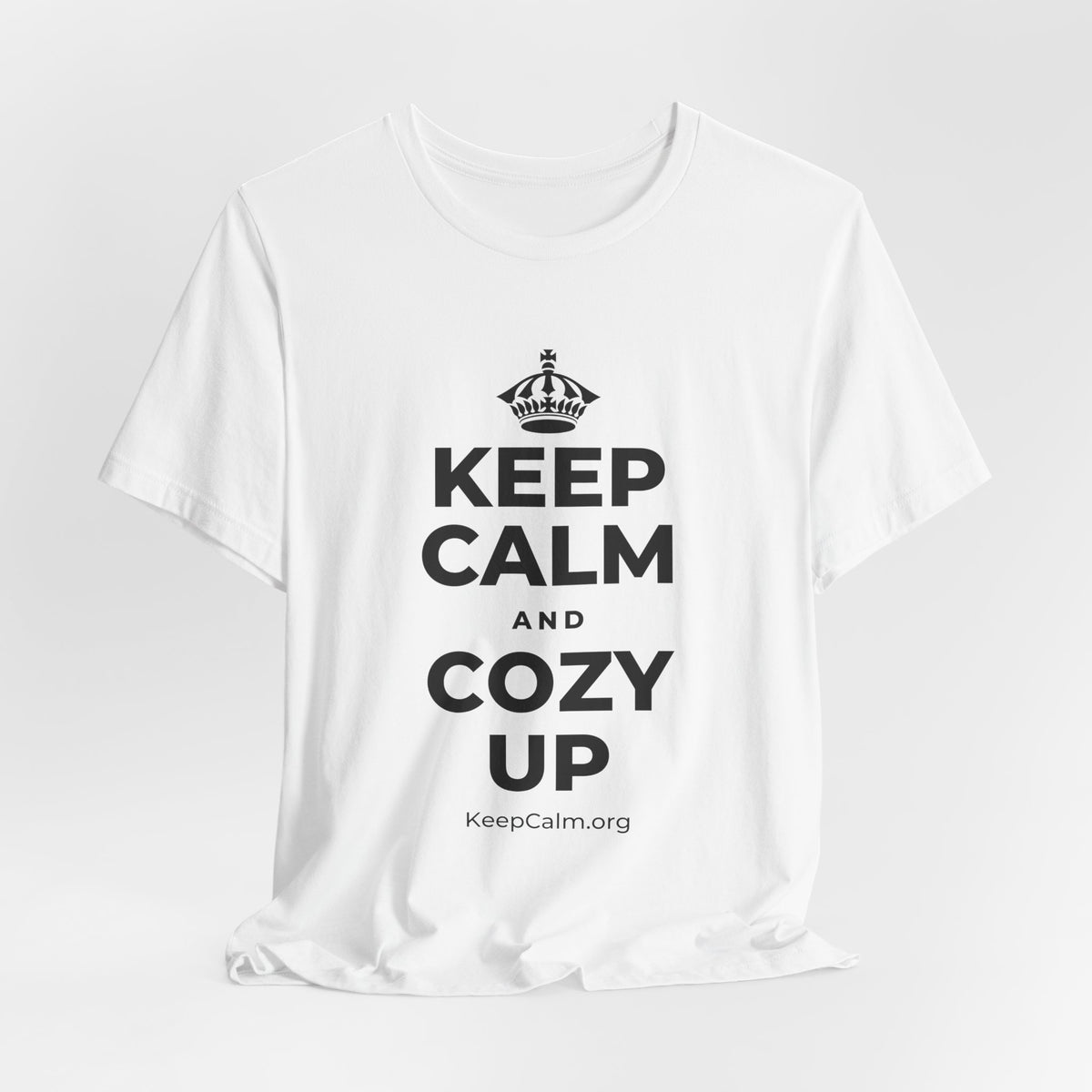KEEP CALM AND COZY UP T-Shirt (White–Asphalt)