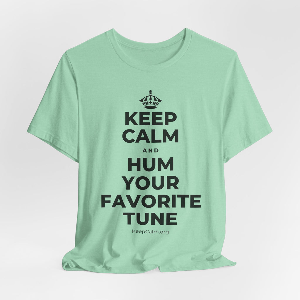 KEEP CALM AND HUM YOUR FAVORITE TUNE T-Shirt (Baby Blue–Silver)