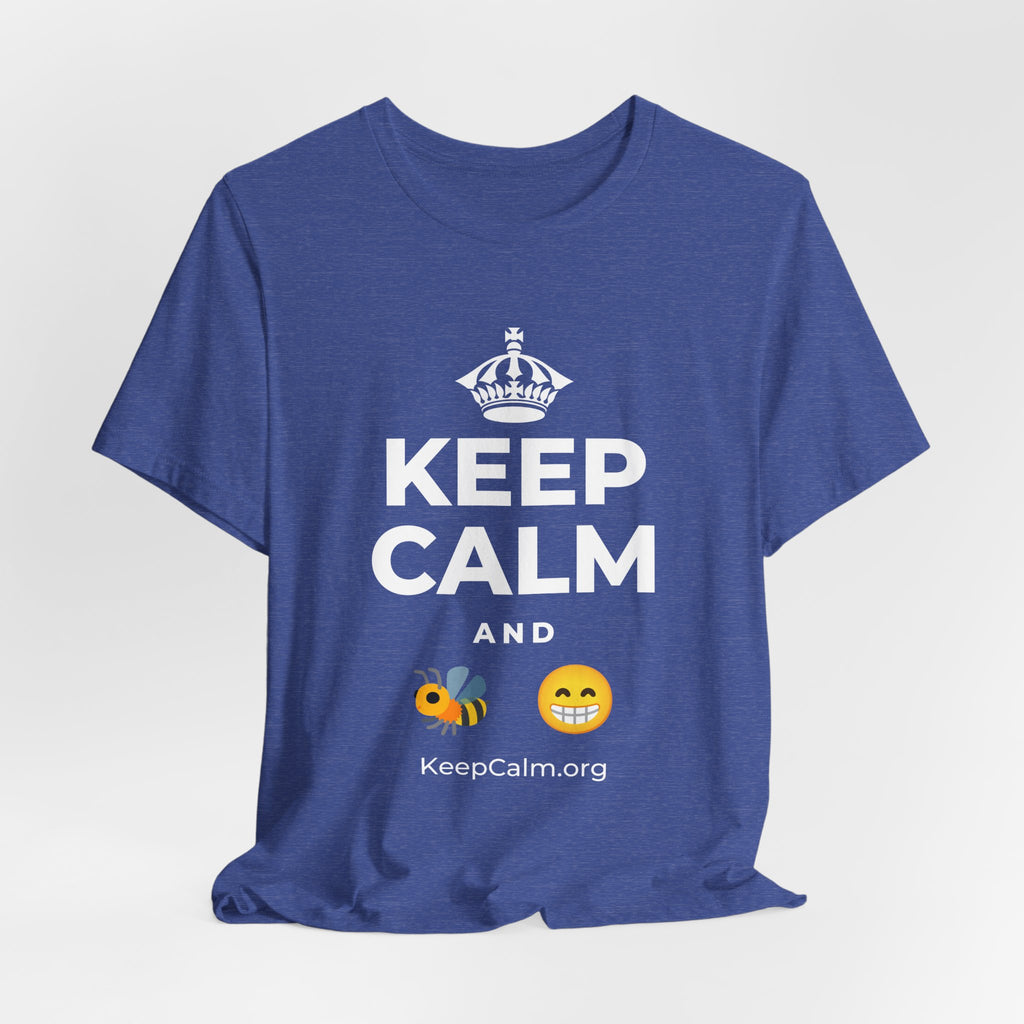 KEEP CALM AND BEE HAPPY T-Shirt (Baby Blue–Silver)