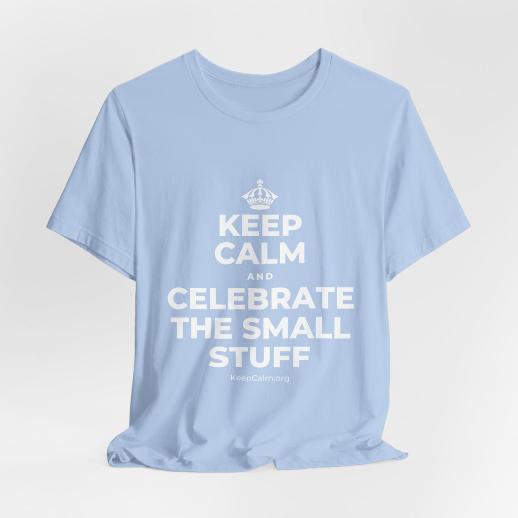 KEEP CALM AND CELEBRATE THE SMALL STUFF T-Shirt (Baby Blue–Silver)