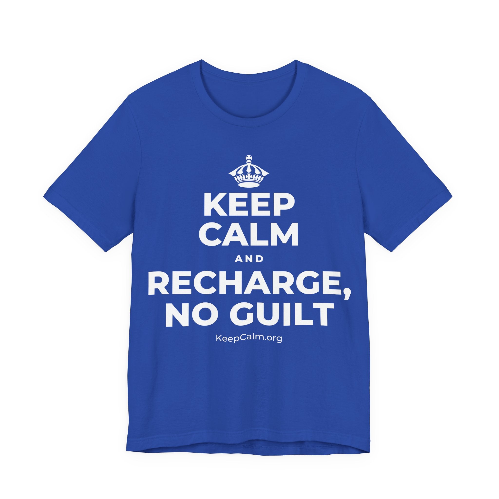 KEEP CALM AND RECHARGE, NO GUILT T-Shirt (Soft Cream–Heather Mauve)