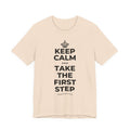 KEEP CALM AND TAKE THE FIRST STEP T-Shirt (Soft Cream–Heather Mauve)