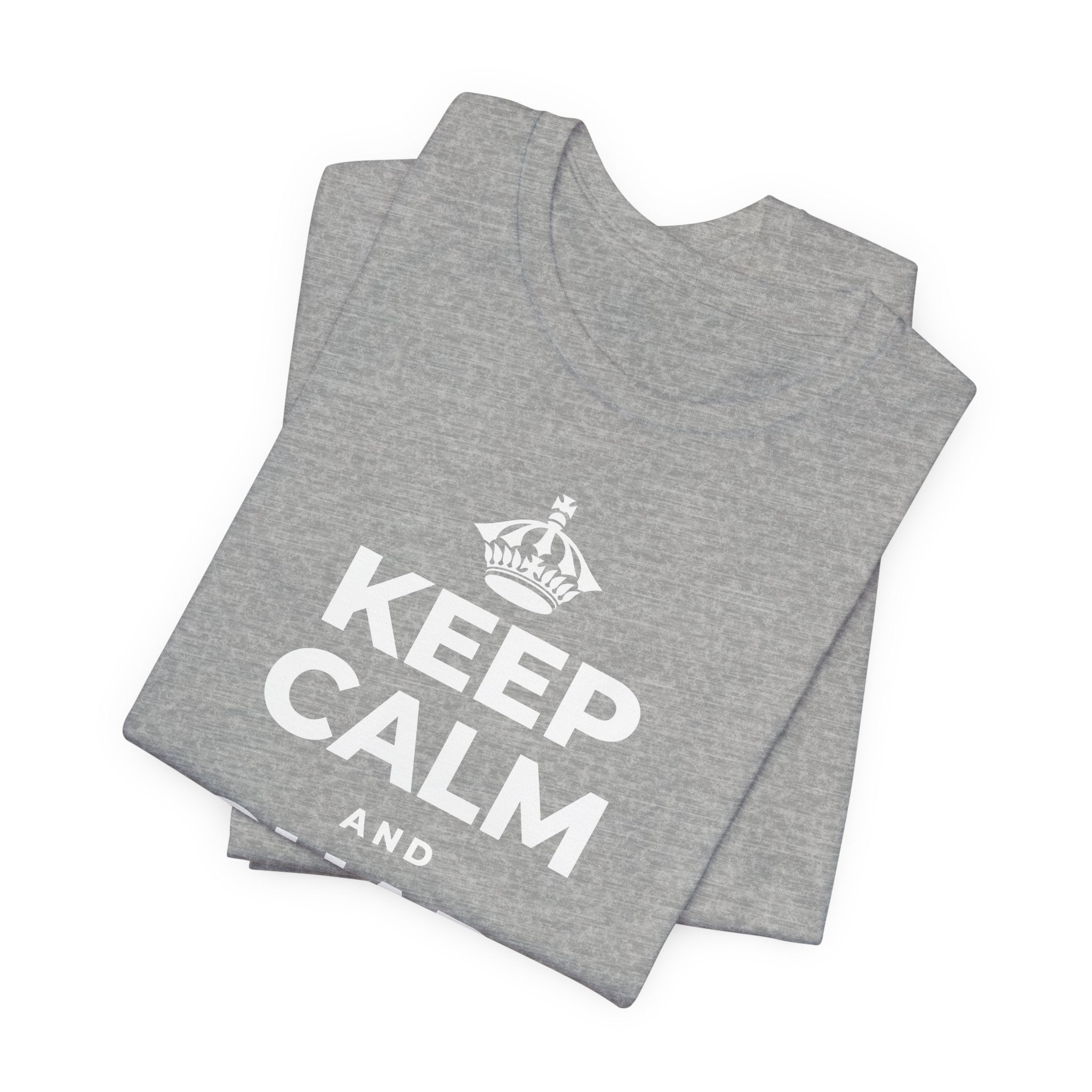 KEEP CALM AND RECHARGE, NO GUILT T-Shirt (White–Asphalt)