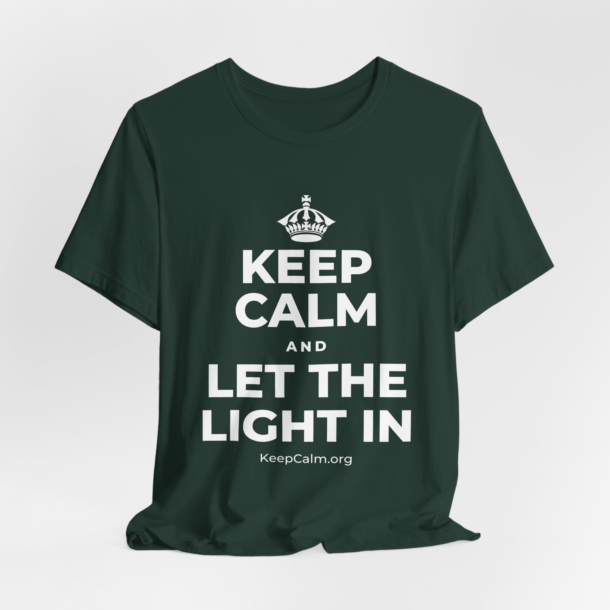 KEEP CALM AND LET THE LIGHT IN T-Shirt (White–Asphalt)
