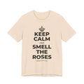 KEEP CALM AND SMELL THE ROSES T-Shirt (Soft Cream–Heather Mauve)