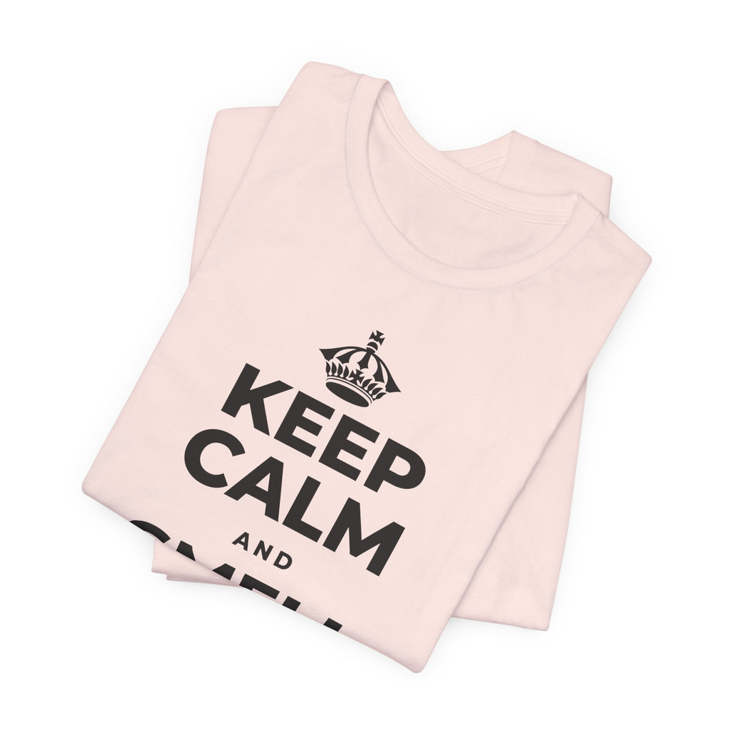 KEEP CALM AND SMELL THE ROSES T-Shirt (Soft Cream–Heather Mauve)