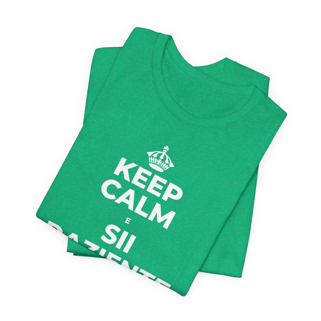 KEEP CALM E SII PAZIENTE CON LE NUOVE ABITUDINI T-Shirt (Baby Blue–Silver)