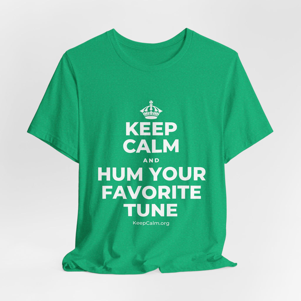 KEEP CALM AND HUM YOUR FAVORITE TUNE T-Shirt (Baby Blue–Silver)
