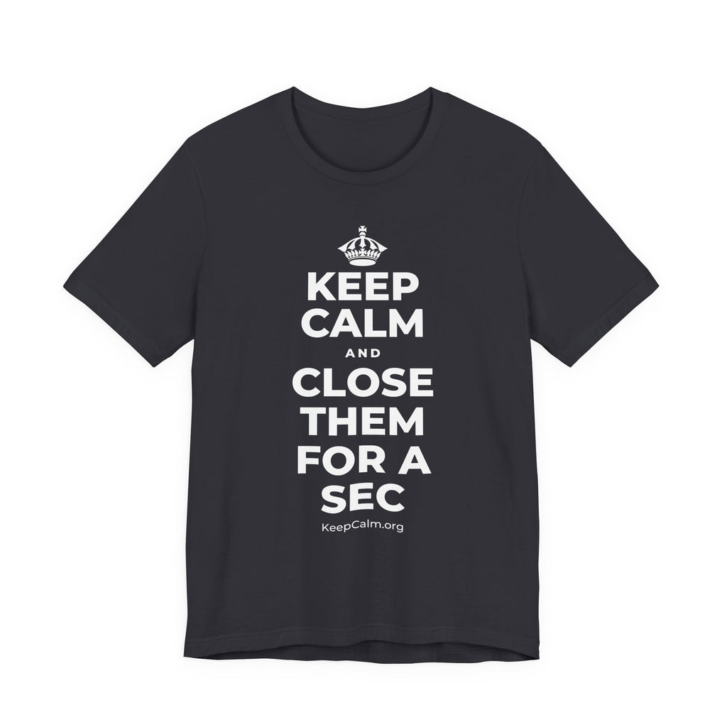 KEEP CALM AND CLOSE THEM FOR A SEC T-Shirt (Baby Blue–Silver)