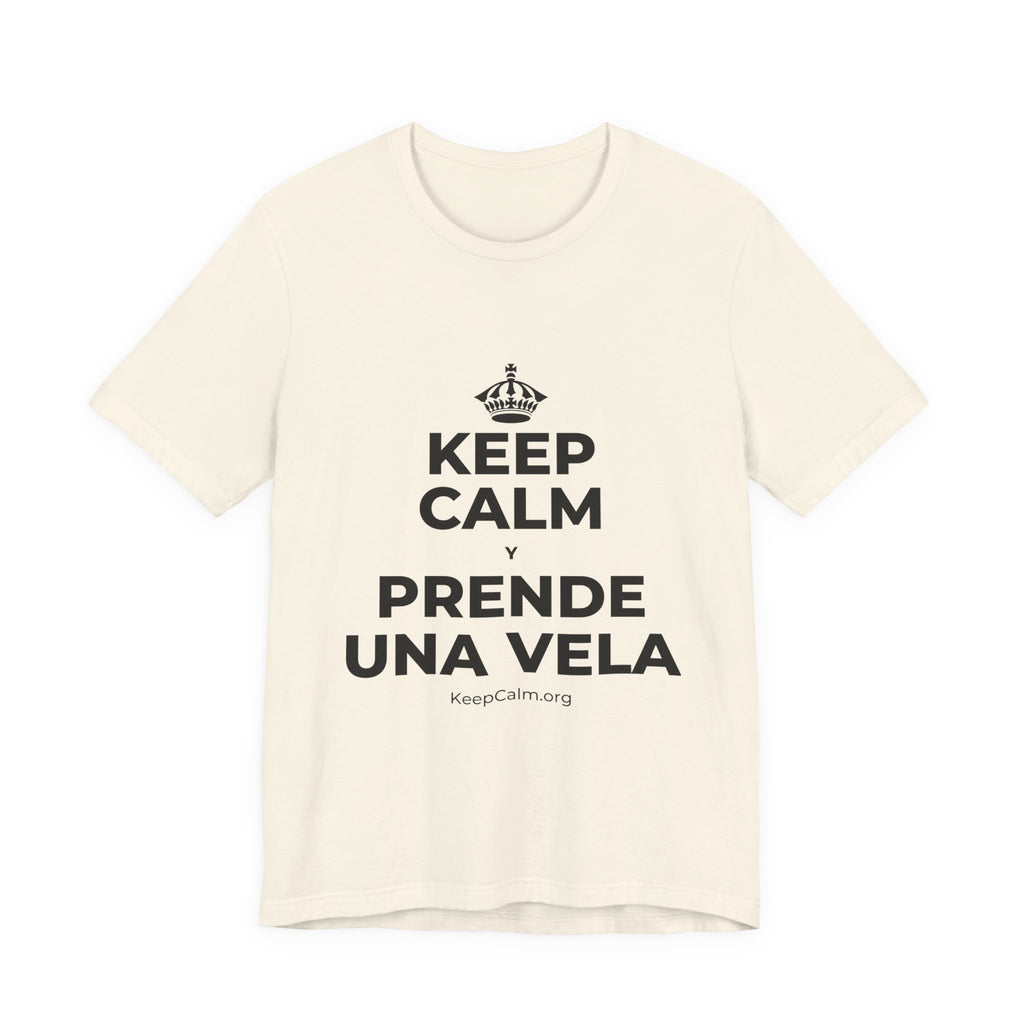 KEEP CALM Y PRENDE UNA VELA T-Shirt (White–Asphalt)