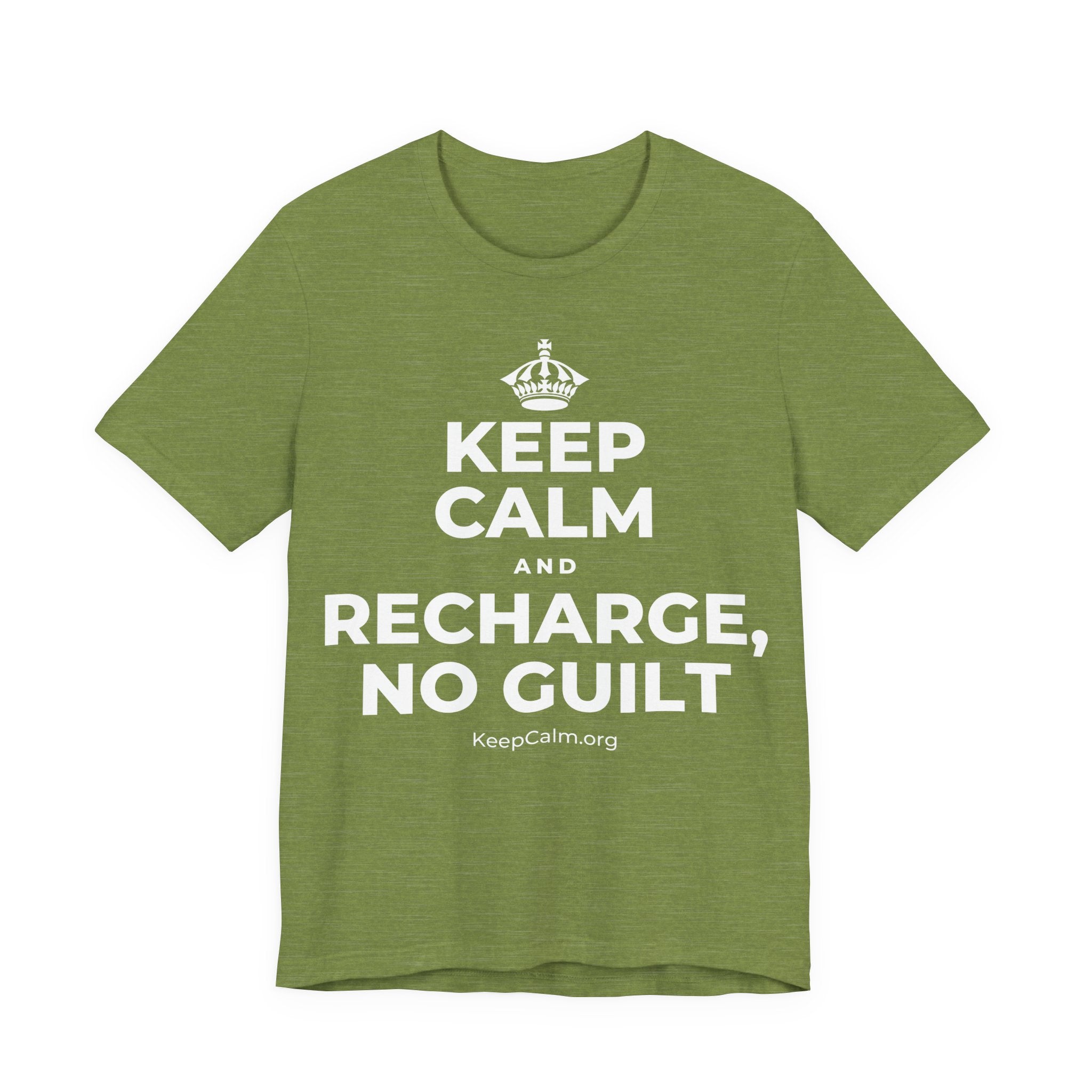 KEEP CALM AND RECHARGE, NO GUILT T-Shirt (Baby Blue–Silver)