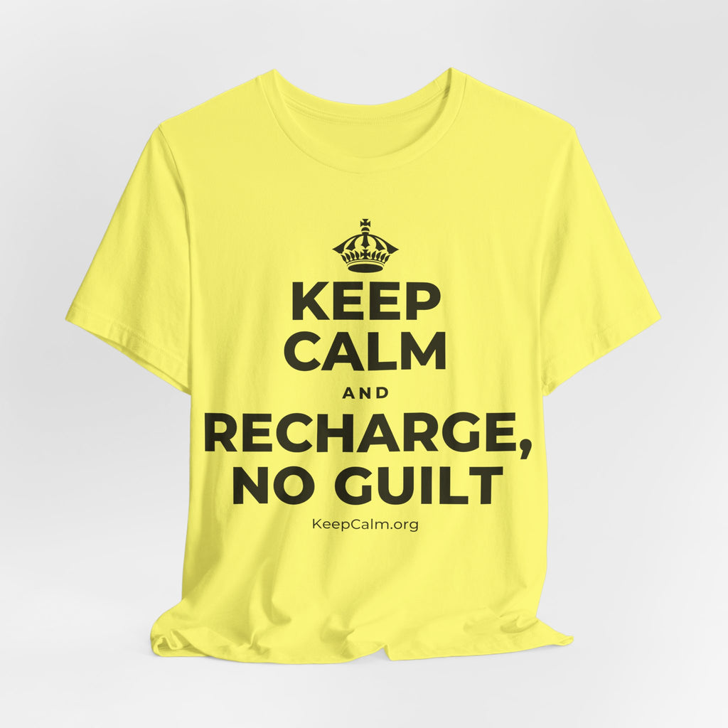 KEEP CALM AND RECHARGE, NO GUILT T-Shirt (Soft Cream–Heather Mauve)