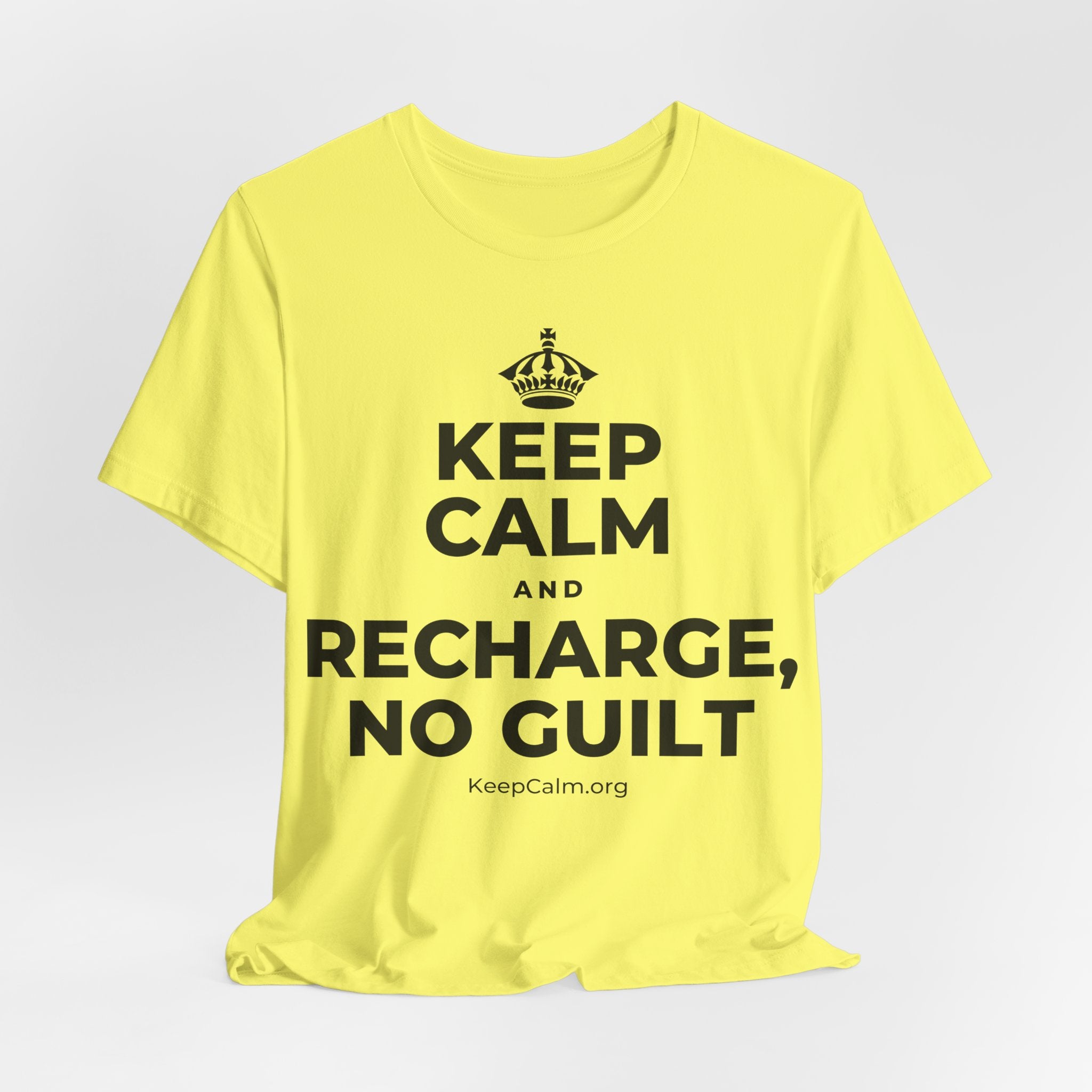 KEEP CALM AND RECHARGE, NO GUILT T-Shirt (Soft Cream–Heather Mauve)