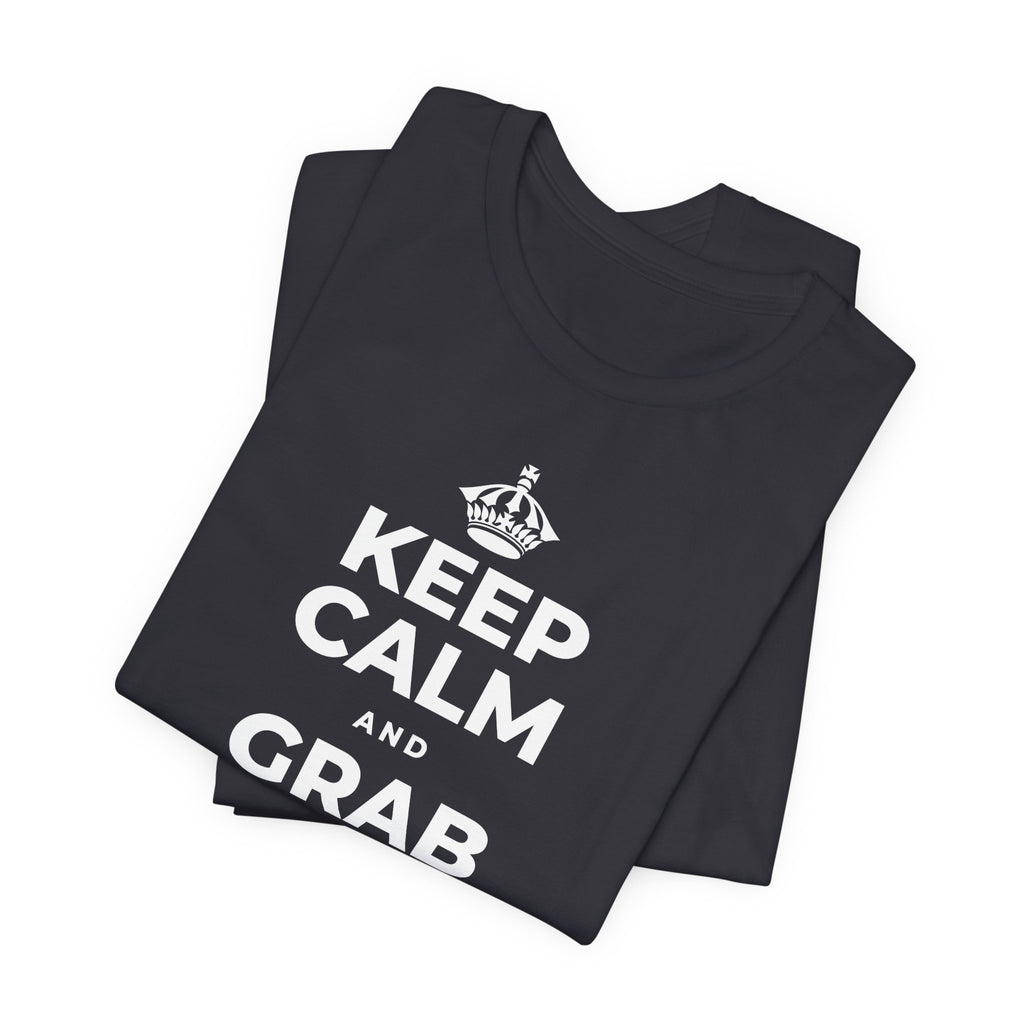 KEEP CALM AND GRAB A WARM DRINK T-Shirt (Baby Blue–Silver)