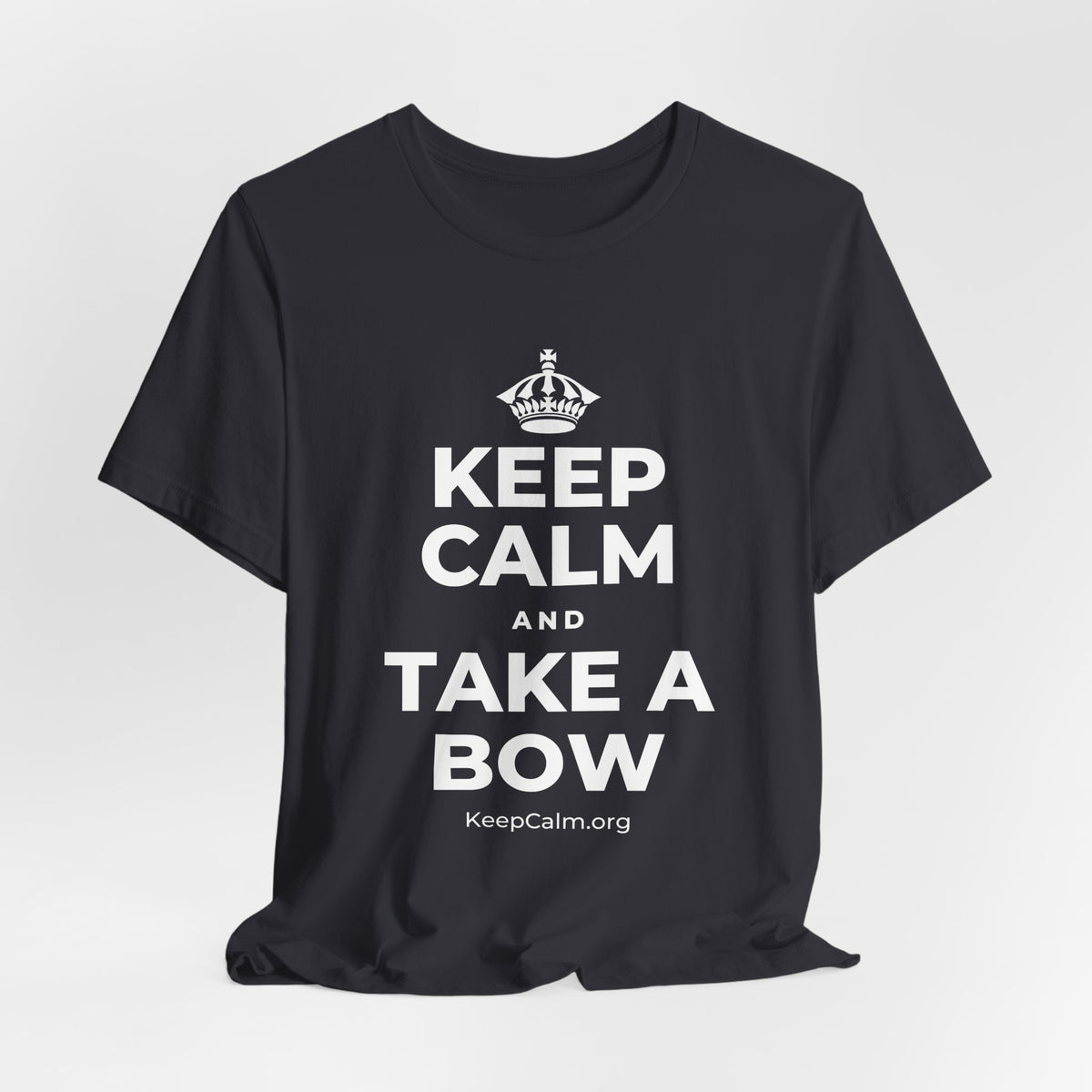 KEEP CALM AND TAKE A BOW T-Shirt (Baby Blue–Silver)