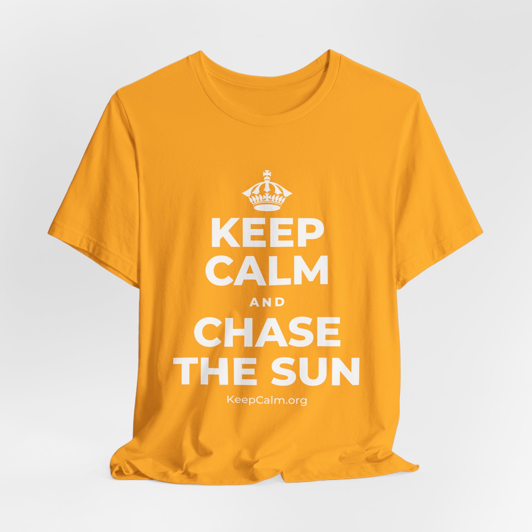 KEEP CALM AND CHASE THE SUN T-Shirt (Baby Blue–Silver)