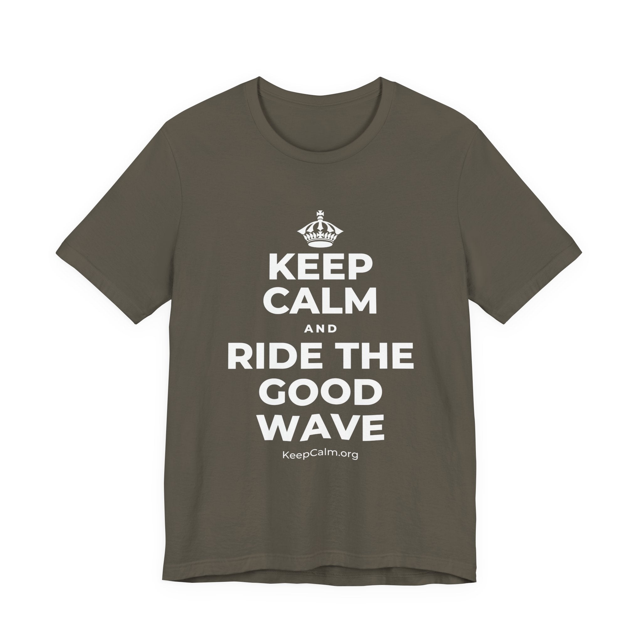 KEEP CALM AND RIDE THE GOOD WAVE T-Shirt (White–Asphalt)