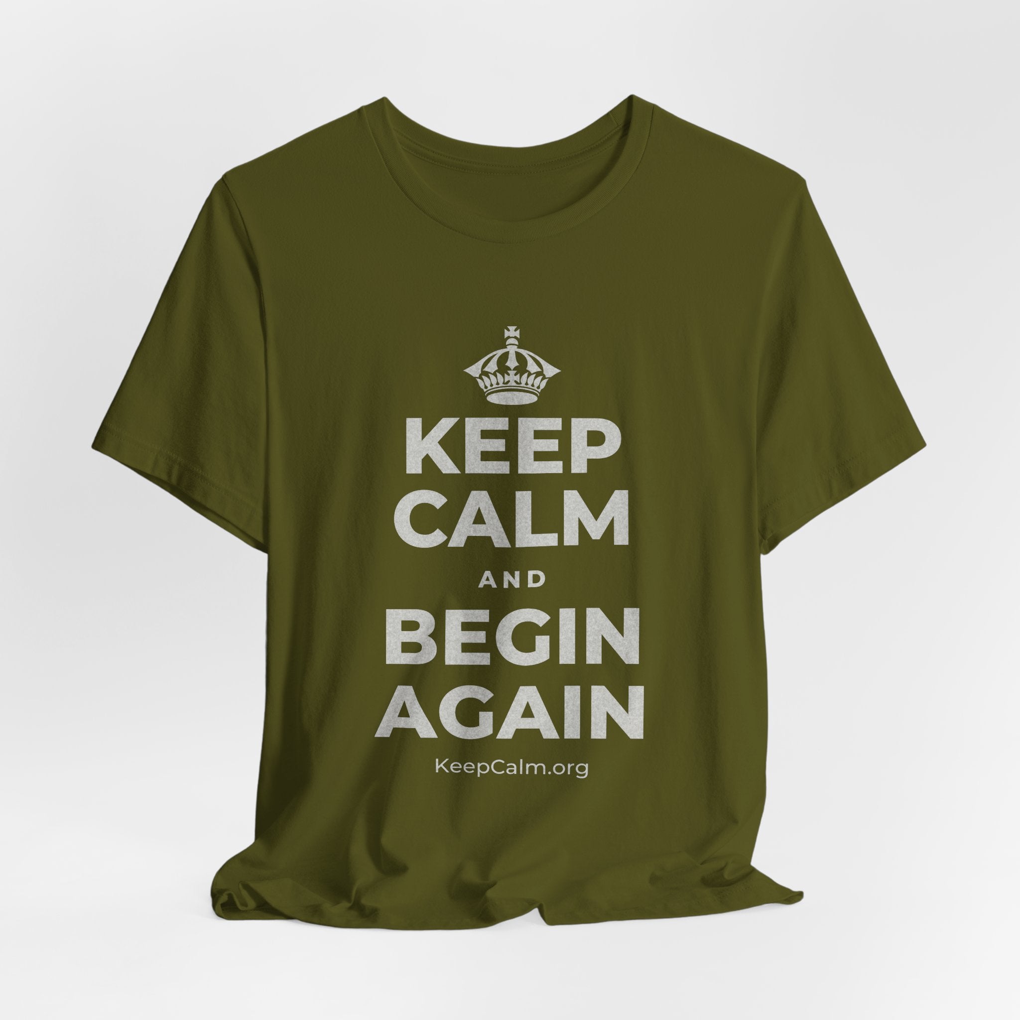 KEEP CALM AND BEGIN AGAIN T-Shirt (Baby Blue–Silver)