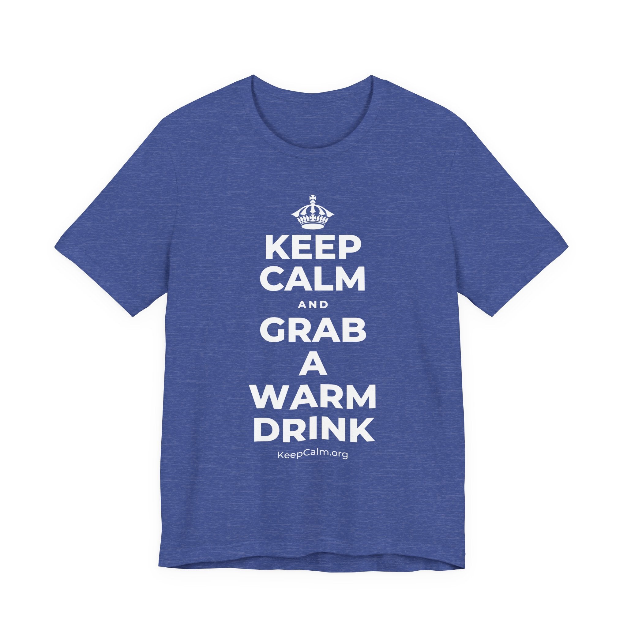 KEEP CALM AND GRAB A WARM DRINK T-Shirt (Baby Blue–Silver)