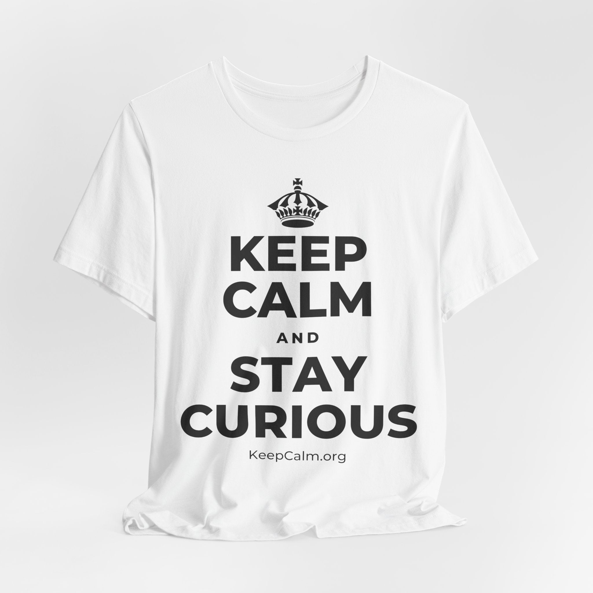 KEEP CALM AND STAY CURIOUS T-Shirt (White–Asphalt)