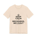 KEEP CALM AND RECHARGE, NO GUILT T-Shirt (Soft Cream–Heather Mauve)
